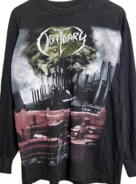 90s Obituary美国死亡金属乐队复古古着感做旧大码重磅长袖T恤