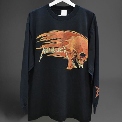 Metallica金属摇滚乐队Pushead大印花水洗做旧Vintage重磅长袖T恤