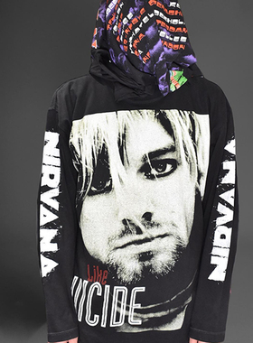 NIRVANA 涅槃乐队主唱Kurt Cobain大印花复古水洗做旧重磅长袖T恤