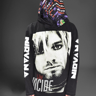 NIRVANA 涅槃乐队主唱Kurt Cobain大印花复古水洗做旧重磅长袖T恤