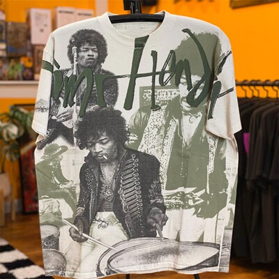 90s Jimi Hendrix 复古做旧宽松嘻哈街头风大码百搭重磅短袖T恤