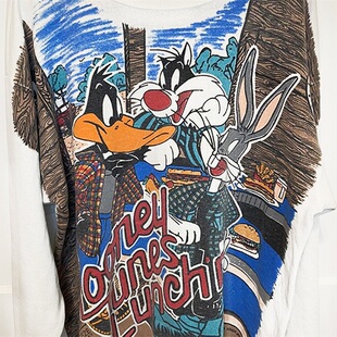 90s华纳兄弟经典卡通动画人物兔八哥水洗做旧大码重磅长袖T恤