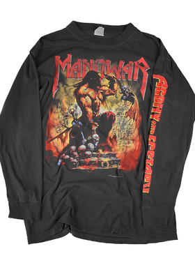 稀有水洗破洞重磅tee！Manowar摇滚乐队高街美式Vintage长袖T恤