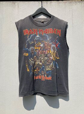 铁娘子乐队Iron Maiden摇滚乐队美式复古做旧大码破坏无袖T恤砍袖