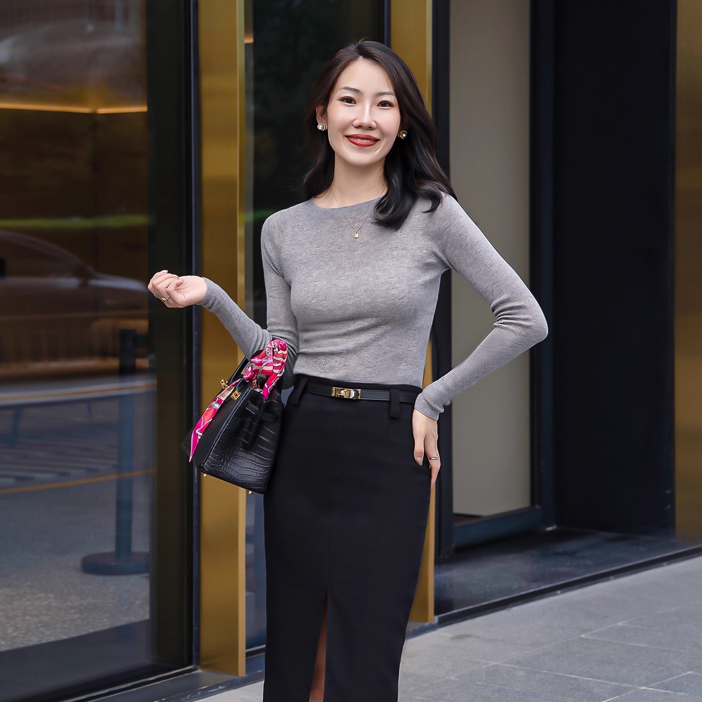 LadyJ山羊绒桑蚕丝一字领针织衫