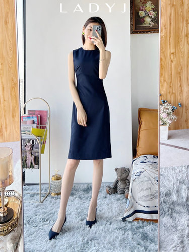 LadyJ澳毛无袖藏蓝通勤连衣裙