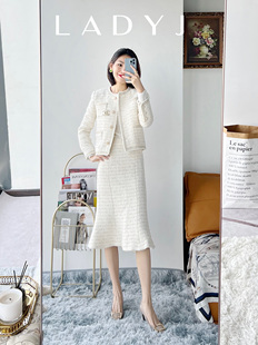 羊毛气质优雅重磅白小香外套鱼尾裙套装 LadyJ 高定凡尔赛宫白