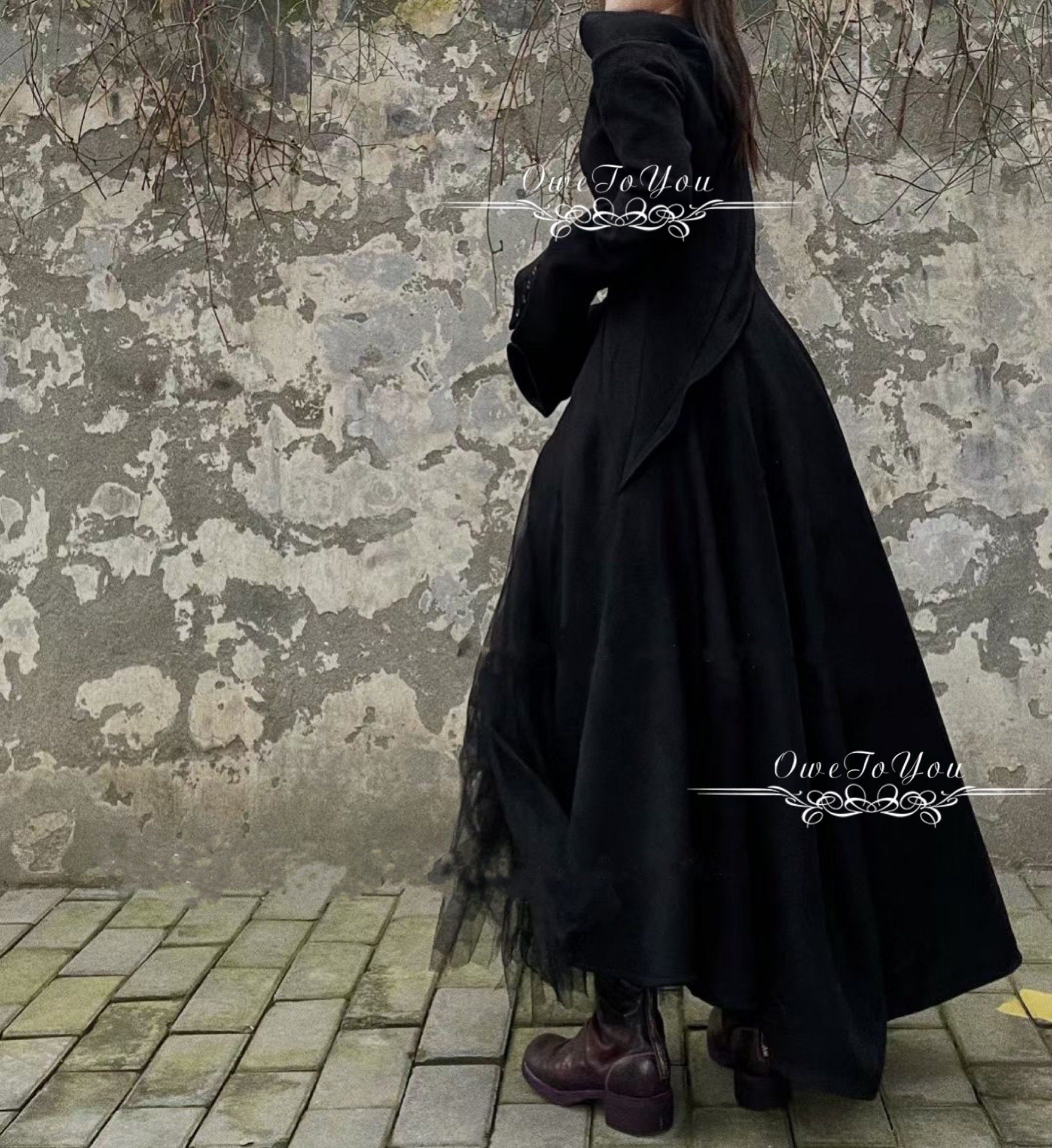 原创设计暗黑斗篷大裙摆羊毛大衣