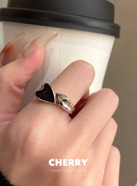 冷淡风黑色爱心戒指女夏ins小众设计高级感食指戒时尚个性指环潮