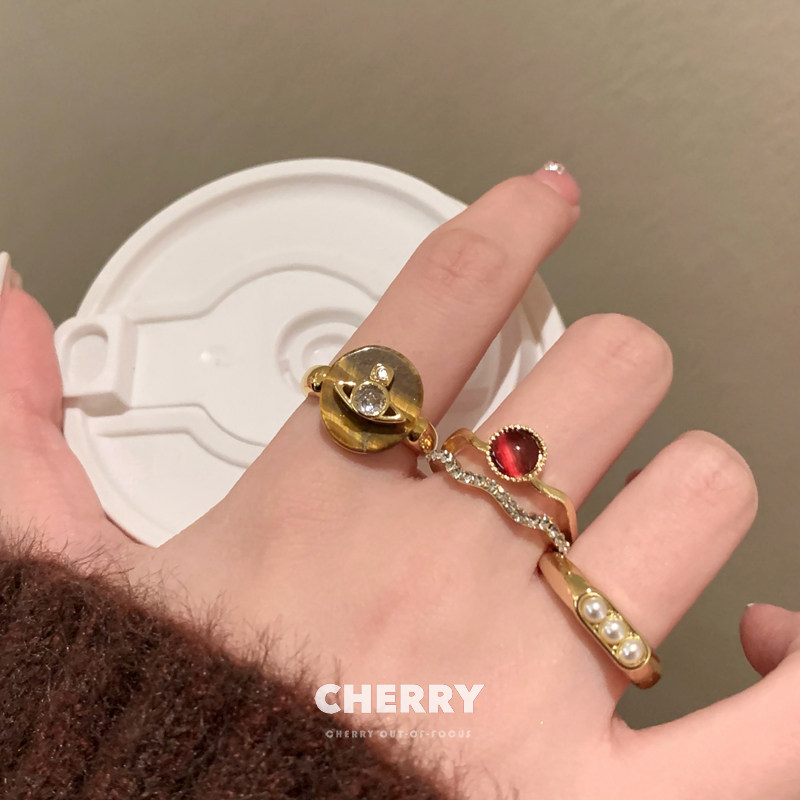 玛瑙猫眼石珍珠双层开口戒指女土星法式宫廷食指戒复古高级感指环