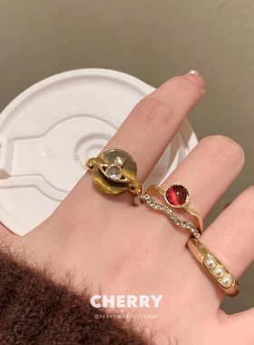 玛瑙猫眼石珍珠双层开口戒指女土星法式宫廷食指戒复古高级感指环