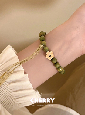 复古绿檀木串珠手链女