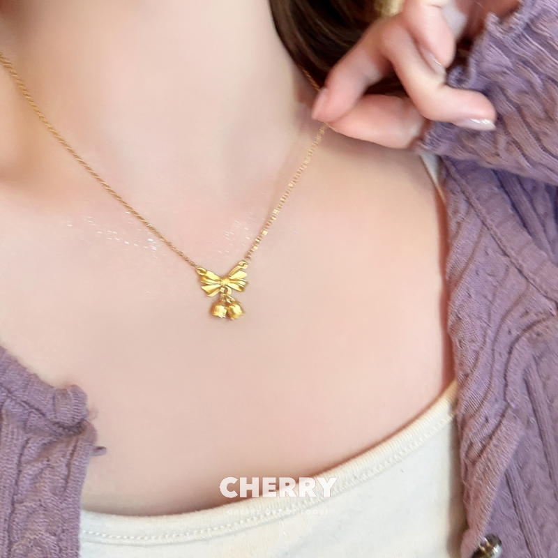 金色蝴蝶结铃兰花钛钢项链女款轻奢小众高级感锁骨链温柔气质颈链