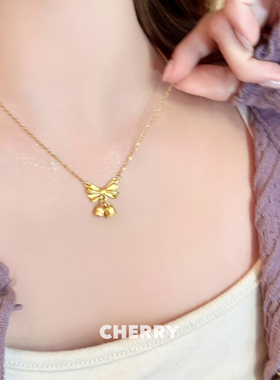 金色蝴蝶结铃兰花钛钢项链女款轻奢小众高级感锁骨链温柔气质颈链