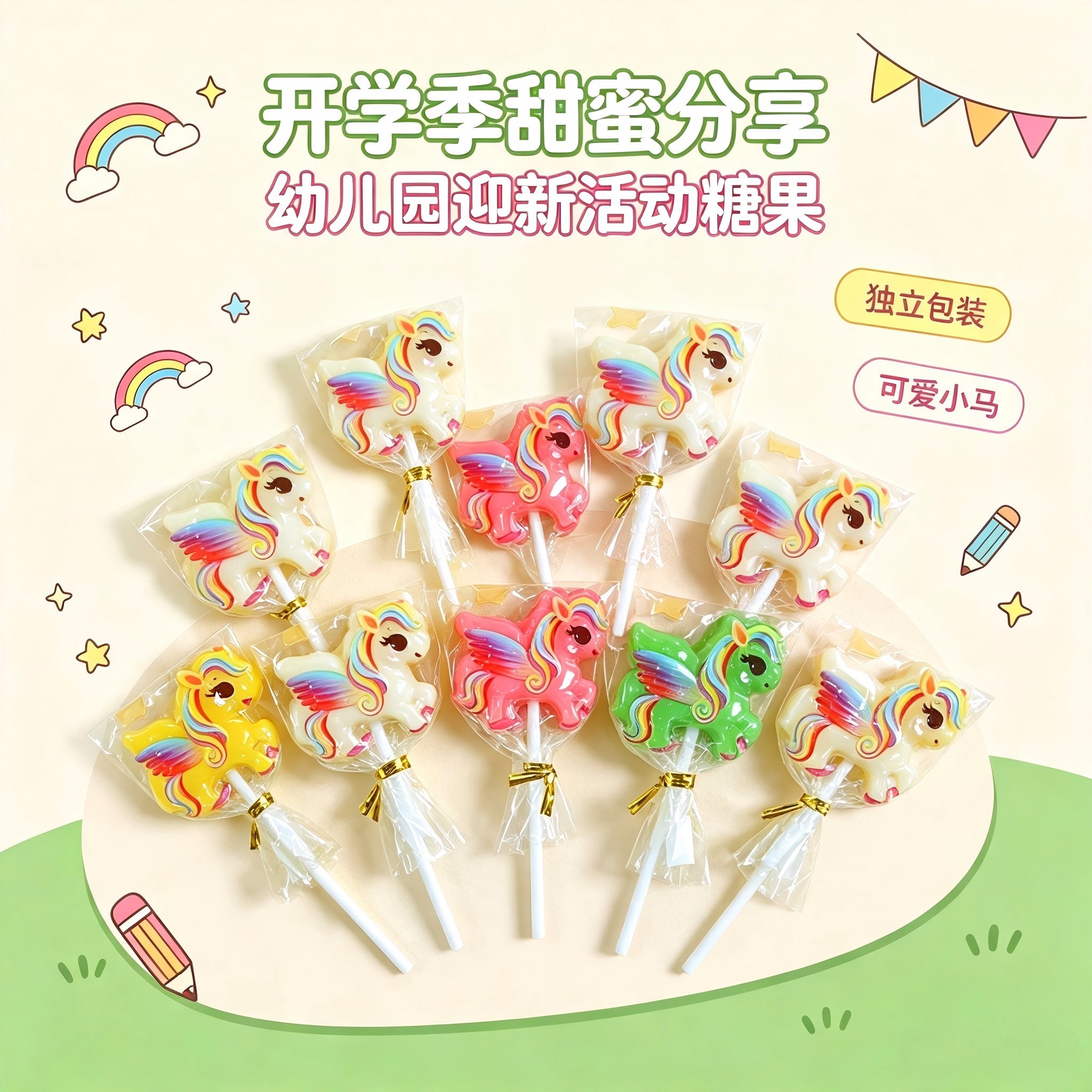 开学礼物可爱小马造型棒棒糖儿童糖果幼儿园学校迎新活动送小朋友