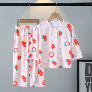儿童棉绸睡衣夏季薄款男童女孩女童绵绸长袖家居服宝宝空调服套装