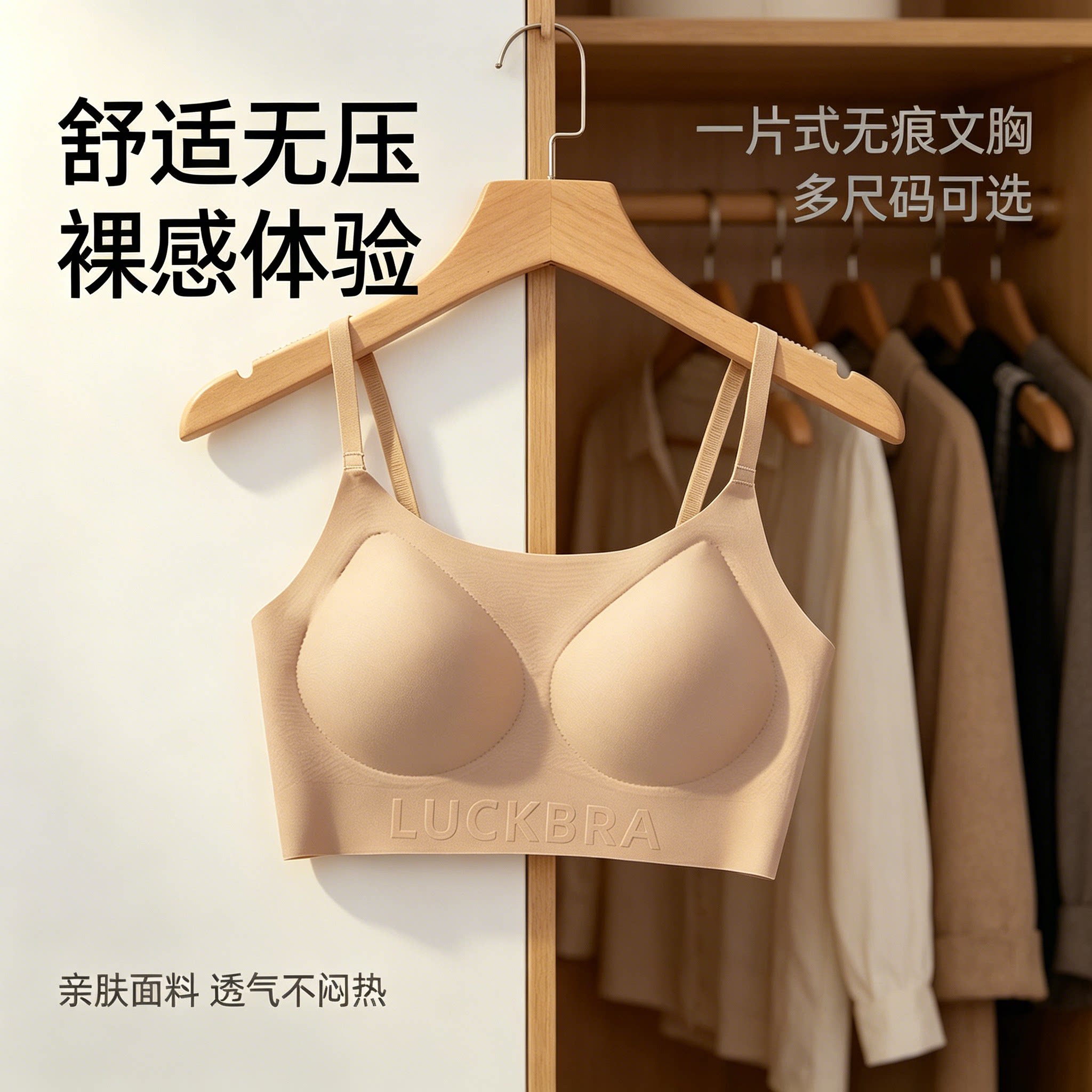 低领粉底液 无痕内衣女薄杯聚拢上托无钢圈细肩带肤色低胸文胸罩