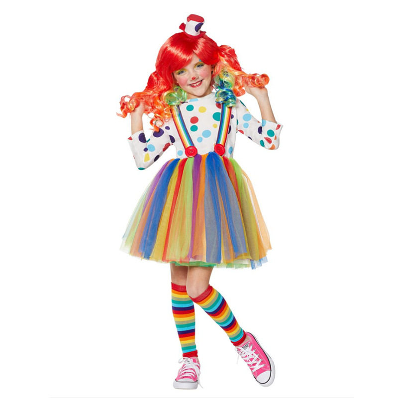 万圣节儿童波点彩虹小丑衣服套装马戏团化妆舞会六一演出服