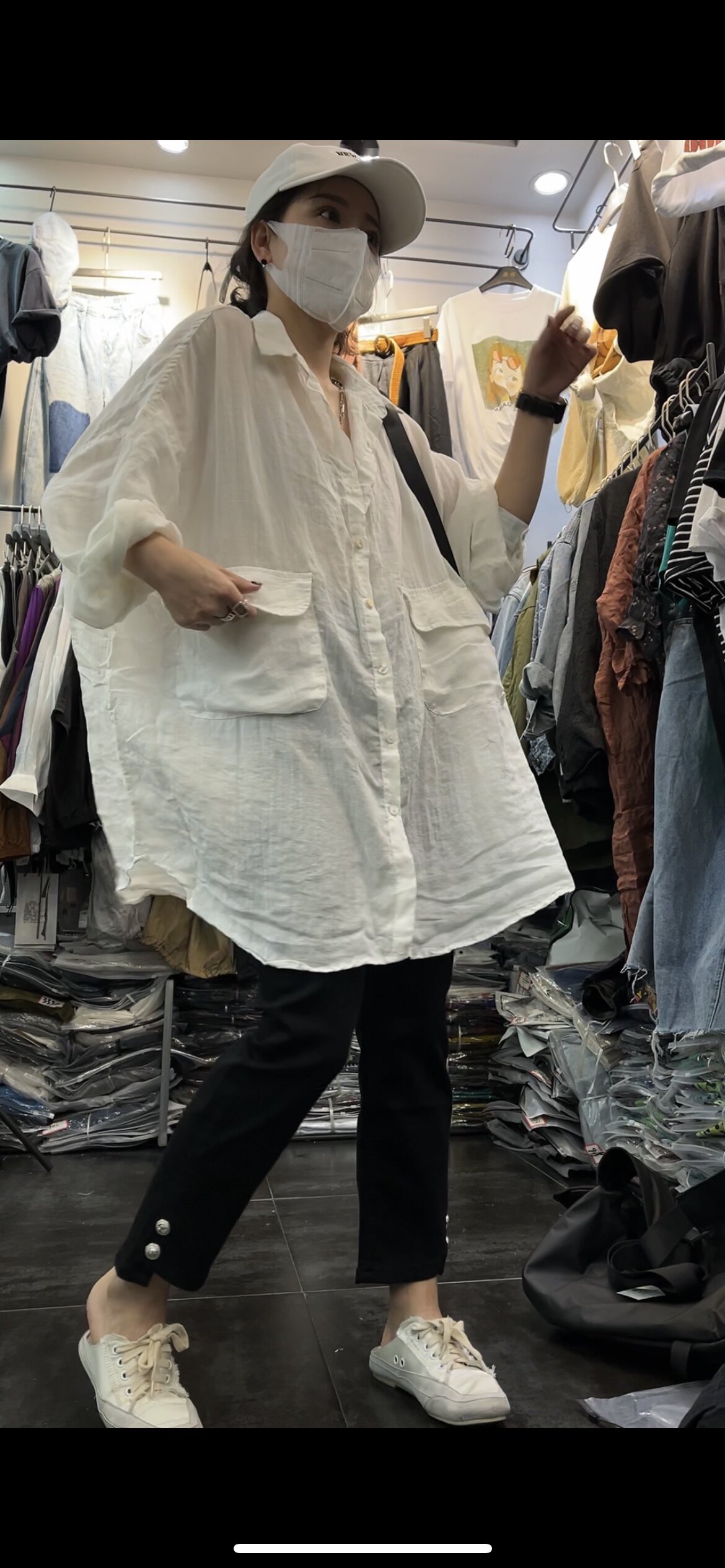 时尚大口袋中长款麻料衬衫女夏季欧货大码复古苎麻长袖防晒衣开衫