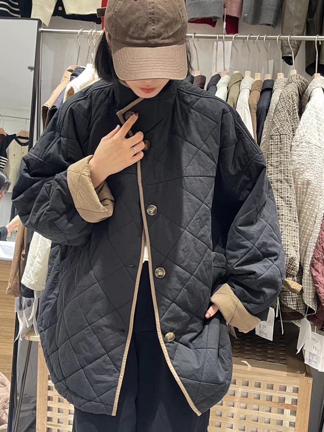 韩版宽松中长款菱形格轻薄棉衣女2024冬季新款休闲小个子夹棉外套