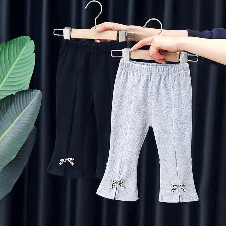 春秋童装女童豹纹蝴蝶结亲子尚长裤女宝宝裤子儿童开叉喇叭裤