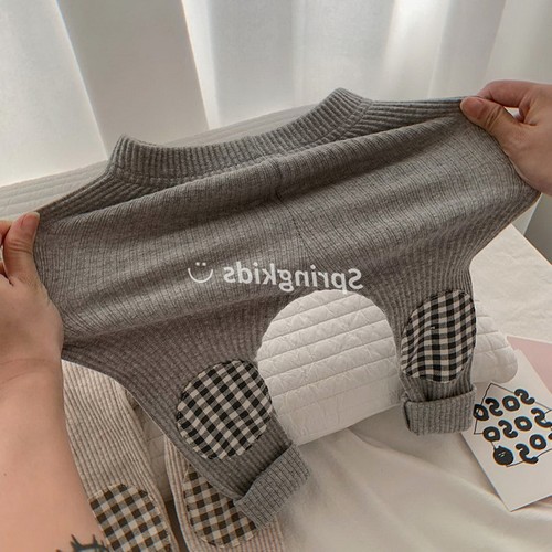 春秋款外穿打底裤宝宝小童撞色格子补丁打底时尚长裤2024春季新款