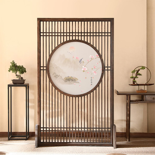 新中式屏风隔断客厅玄关入户家用简约遮挡移动办公室格栅实木座屏