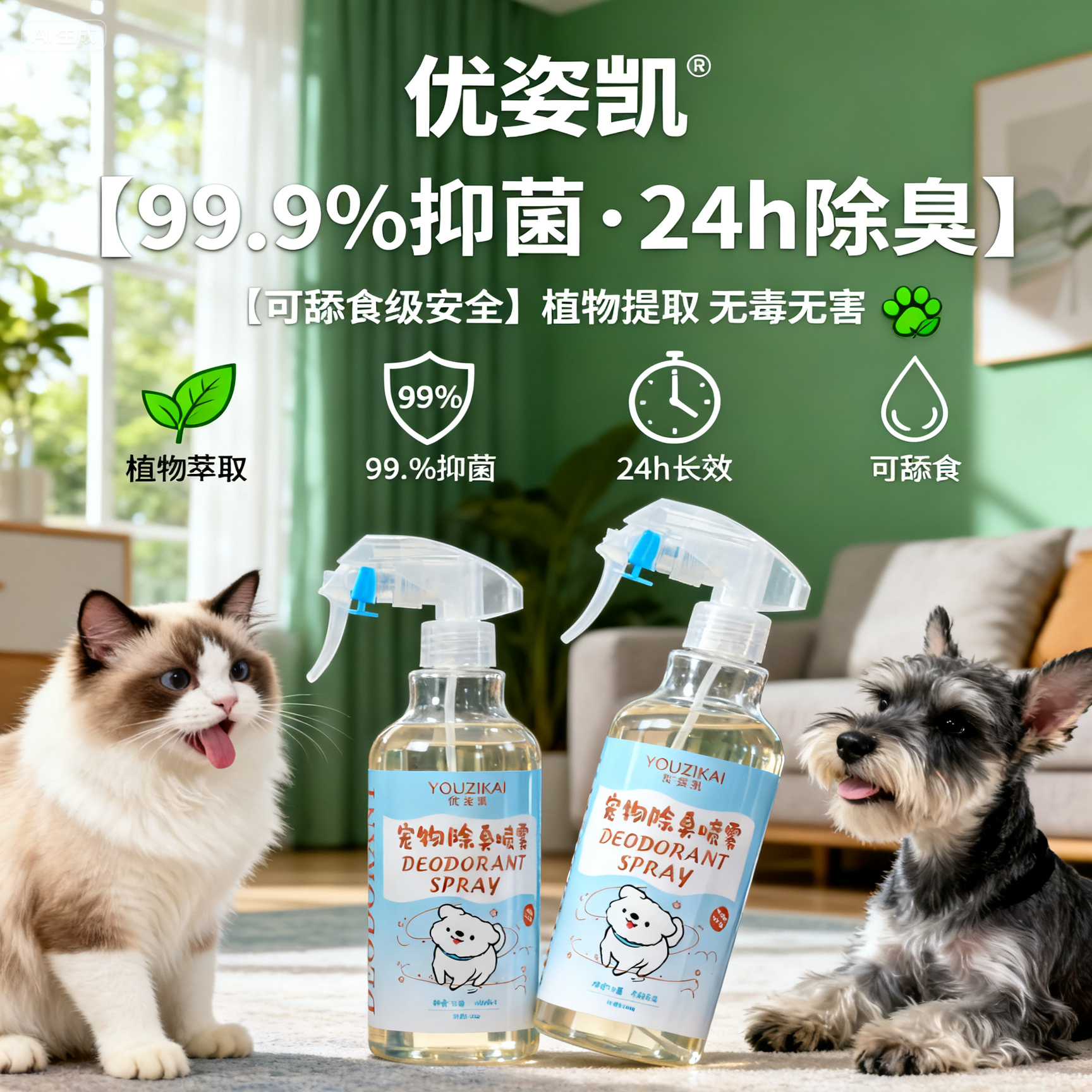 优姿凯宠物抑菌除臭喷雾猫砂狗尿猫尿分解去味除臭神器