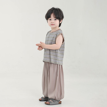 积木城堡男童套装夏季2025新款儿童条纹背心防蚊裤两件套中小童