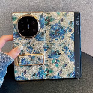 荣昂 x3高级感xts全包防摔外壳 适用华为matex6折叠屏手机壳x6智能视窗真皮浮雕蓝调花朵纹带支架matex5典藏版