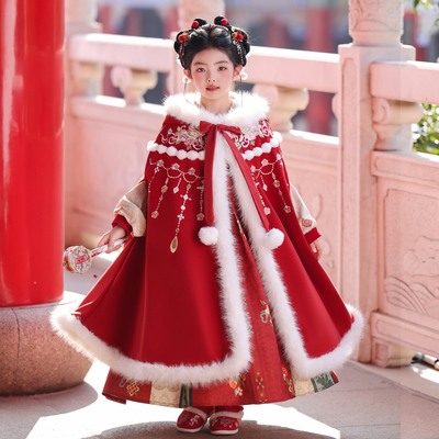 汉服女童冬2025新款加绒斗篷外套