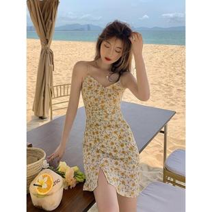 短裙子女夏 小开叉V领碎花吊带连衣裙温柔风2025甜美梗桔初恋法式