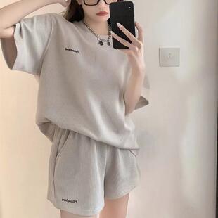 新款 短裤 学生宽松港风潮流休闲华夫格两件套装 运动服套装 潮 女夏季