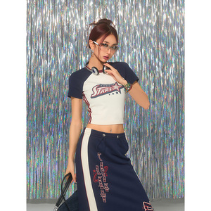 野生zerocircle 撞色插肩t恤女夏季美式复古印花修身显瘦短款上衣