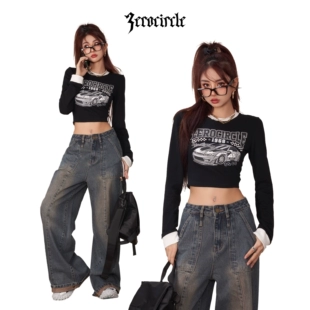 长袖 黑色短款 复古印花修身 t恤女春季 野生zerocircle 美式 显瘦上衣