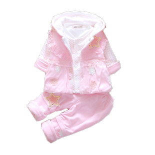 女宝宝春款套装新生儿加厚三件套婴幼儿01一3岁2外出服薄棉秋冬装