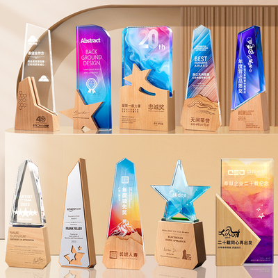 创意实木水晶奖杯定制定做高档冠军员工比赛年会颁奖荣誉奖牌订制