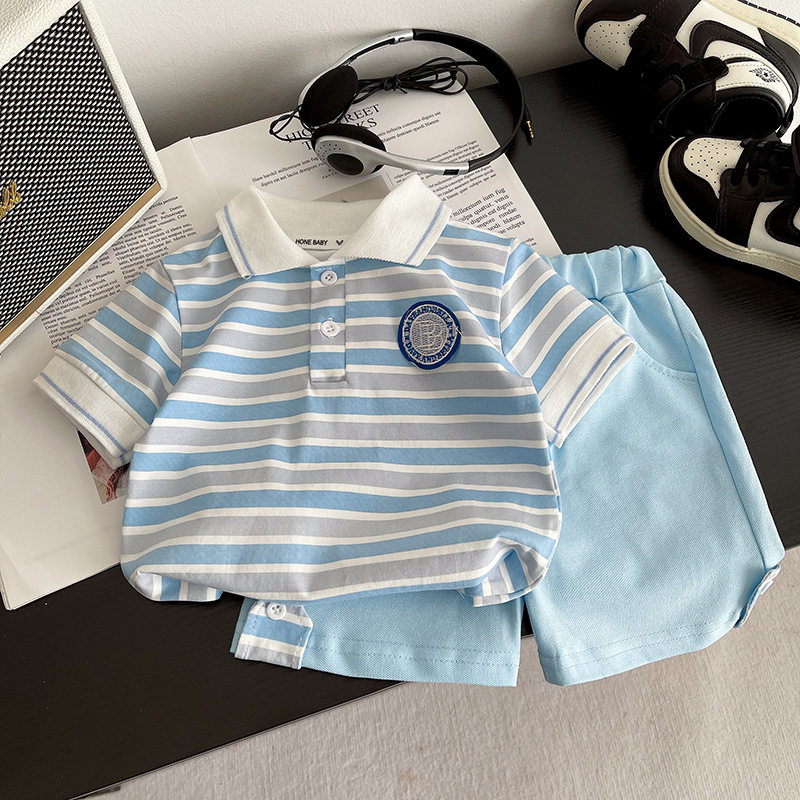 男宝宝洋气夏装套装2026新款夏季洋气童装男童短袖条纹BB标套装潮