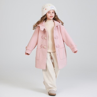 蜜桃粉毛呢大衣五角星羊角扣外套中大童冬装 2025新款 内里夹棉