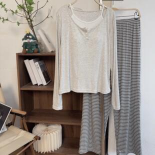 带胸垫可外穿休闲家居服套装 假两件长袖 韩系极简风