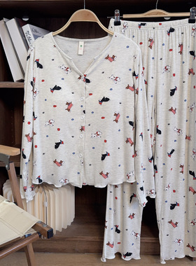 【卡通灰色小狗】新款长袖带胸垫可外穿休闲家居服套装睡衣