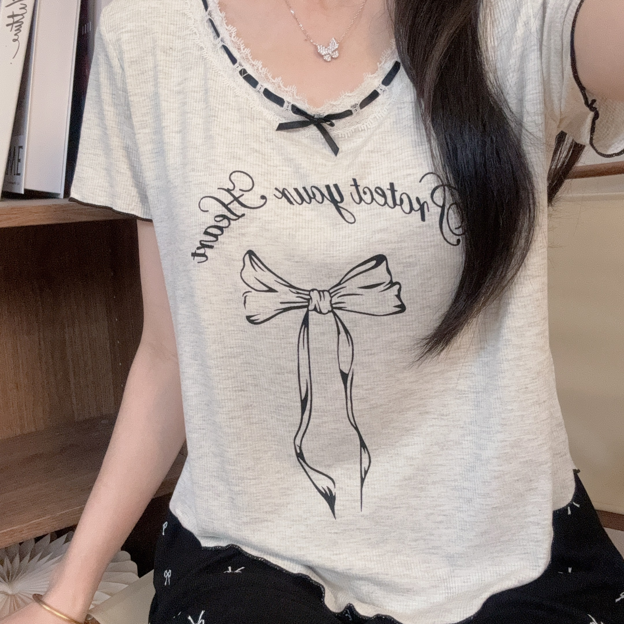 【 设计感蝴蝶结短袖】短袖睡衣女带胸垫可外穿家居服套装