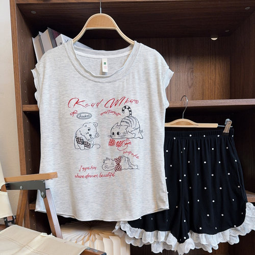 【背心蝴蝶结小猫】~新款带胸垫可外穿时尚家居服套装~663