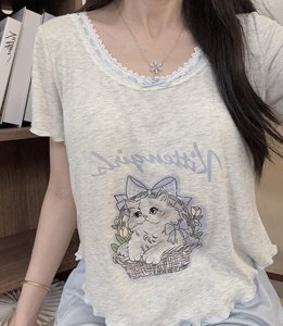 【纯欲短款设计感猫咪】短袖睡衣女莫代尔春夏带胸垫休闲家居服套