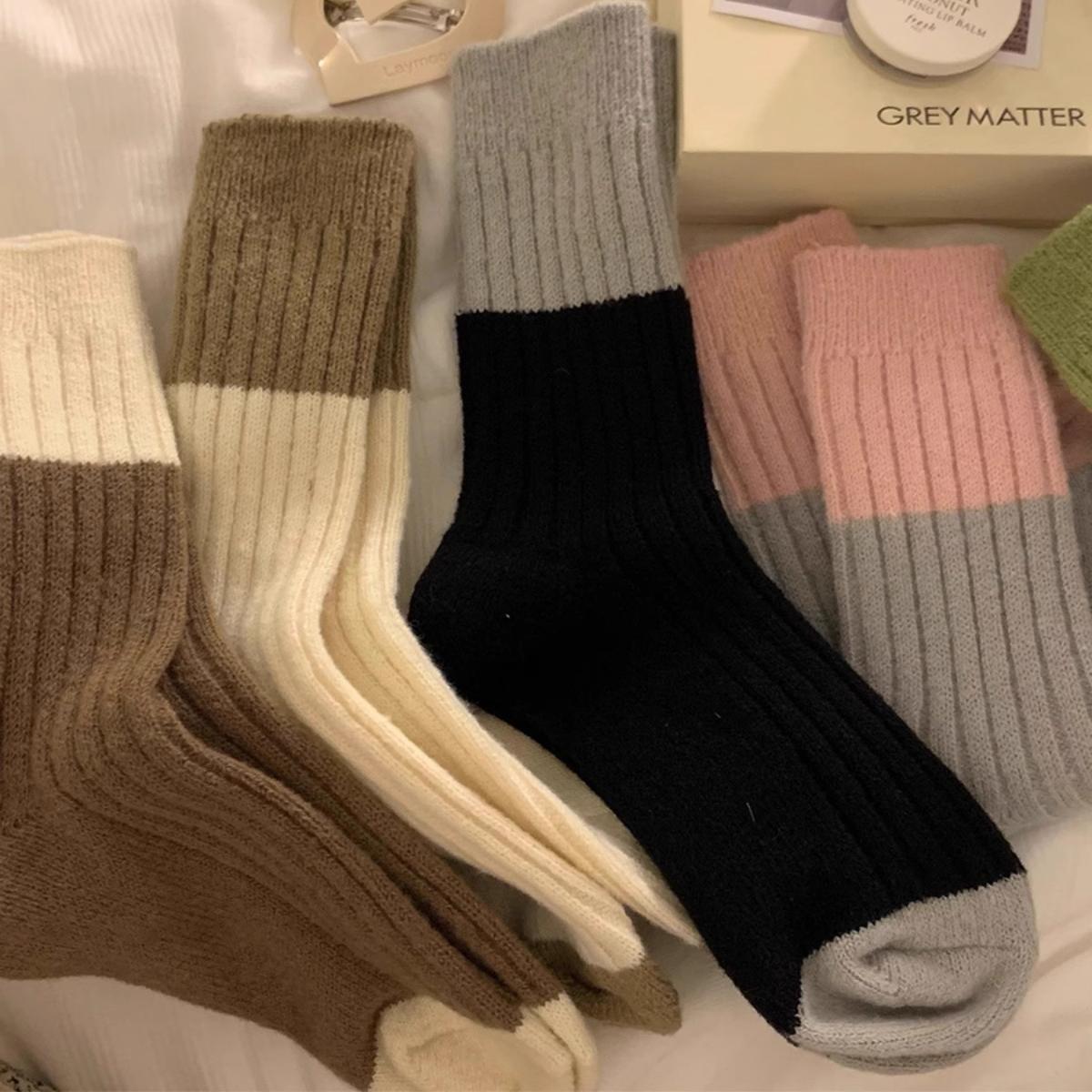 撞色中筒女袜子棉袜羊毛袜