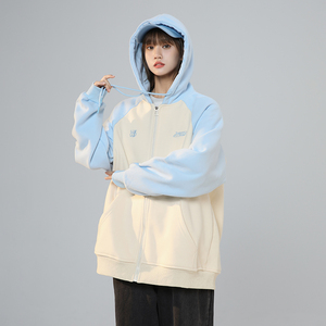 XZ409-1-Y03-P70 秋季复古插肩袖卫衣开衫连帽宽松外套女（控88）图片