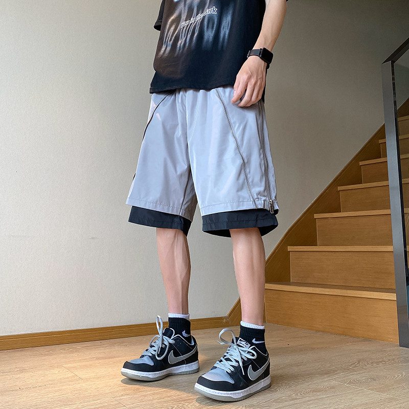 XZ409-1-K651-P45夏季假两件拉链设计宽松运动休闲短裤（控58）,男装休闲裤,星座1514