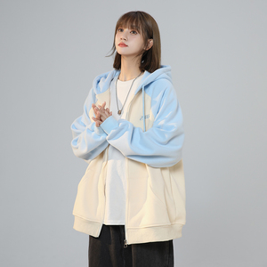 XZ409-1-Y03-P70 春季复古插肩袖卫衣开衫连帽宽松外套女（控88）图片