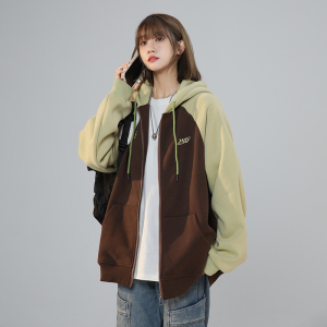 XZ409-1-Y03-P70 秋季复古插肩袖卫衣开衫连帽宽松外套女（控88）图片