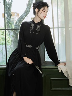 明制汉服女款唐装女中国风女装黑色民国改良旗袍外套新中式连衣裙